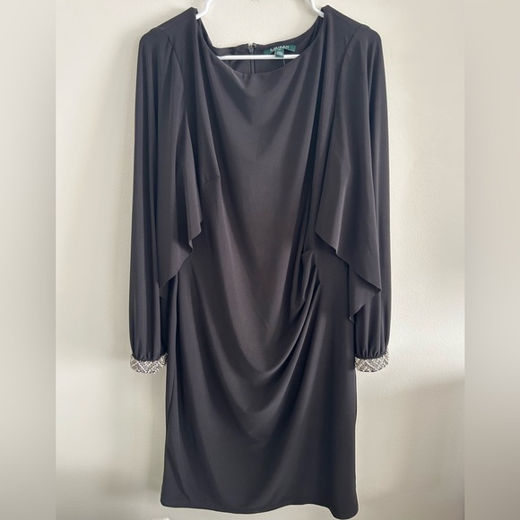 Ralph Lauren Dresses & Skirts - Lauren Ralph Lauren Black Beaded Cuff Draped Dress Size 14 NWT